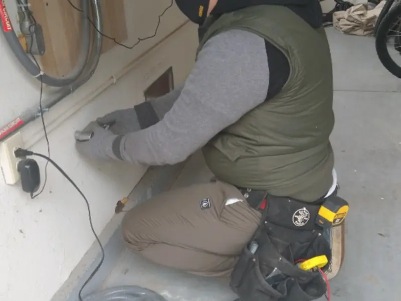 Electrician performing outlet wiring in a Alum Rock garage